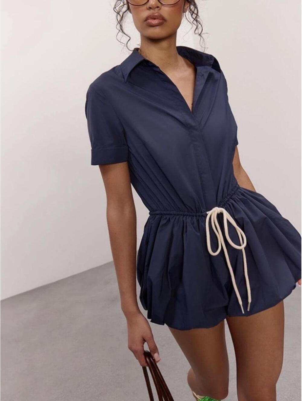 PrettyLittleThing Navy Blue Tie Waist Romper with Shirt Collar and Short Sleeves